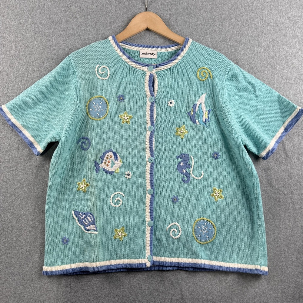 Breckenridge Cardigan Sweater Womens L Blue Coastal Fish Embroidered Grannycore